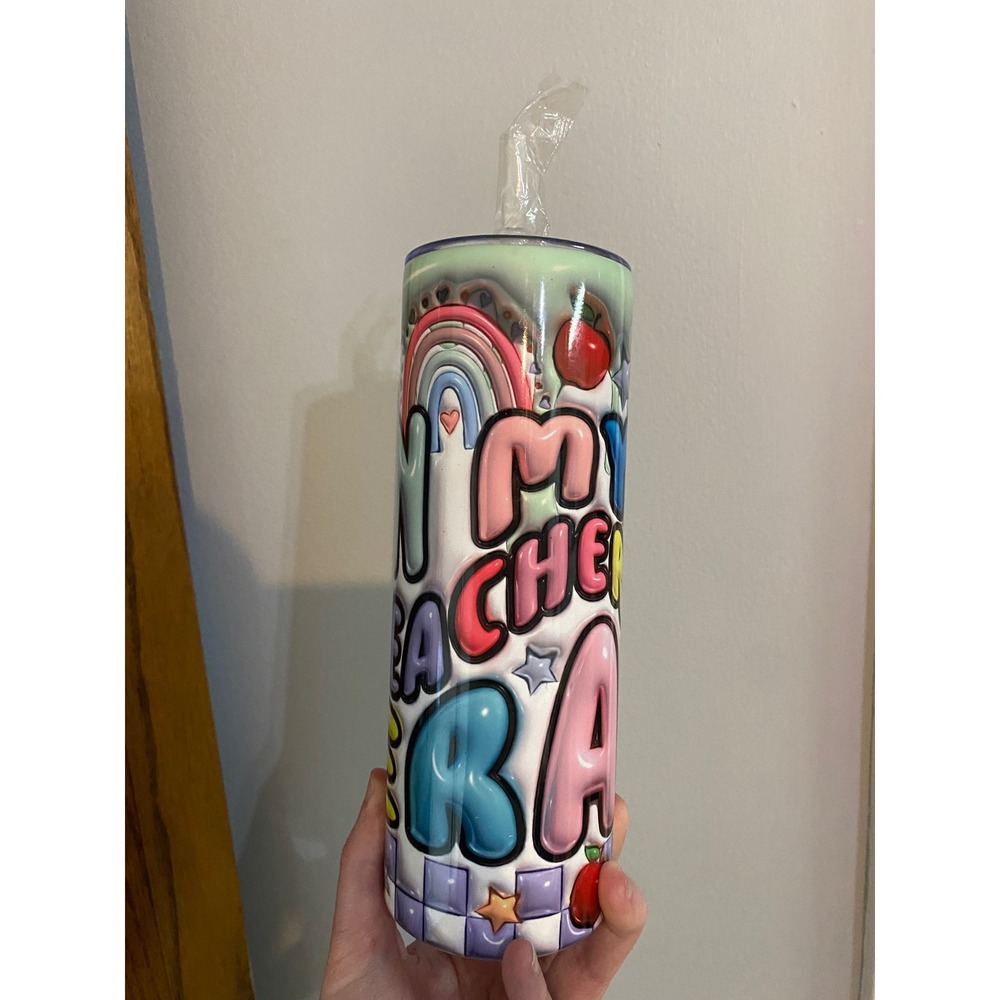 Tumbler In My Teacher Era Women's 20oz Multicolor 3D Puff Graphic Rainbow Apple - Picture 2 of 5
